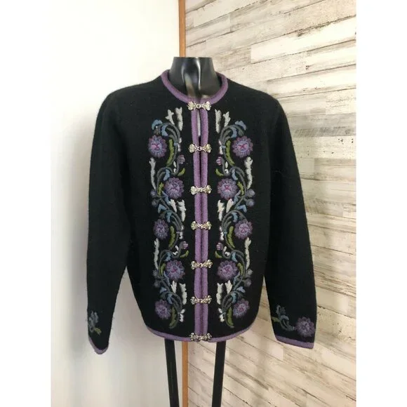 Eagles Eye Vintage Womens Black & Purple 100% Wool Embroidered Cardigan S - Picture 1 of 3